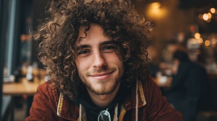 Obraz premium Young caucasian male with curly hair smiling in cozy cafe setting.