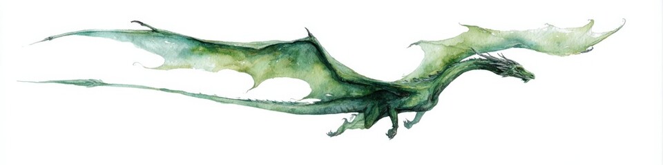 Majestic green dragon soaring with expansive wings in watercolor art