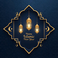 Title: Happy Islamic New Year with illuminated lanterns and crescent moon symbols