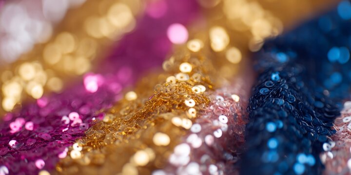 Piece of fabric with gold and pink and blue sequins