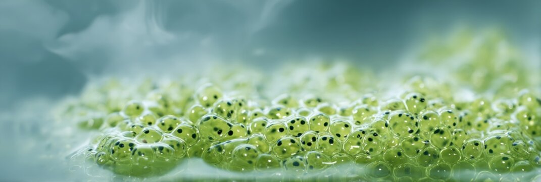 Green blob of frog spawning with many small black dots