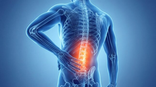 Man Hold Back in Pain, Spine Bones and Ribs Shown in X-ray, Lower Back and Spinal Problem Highlighted