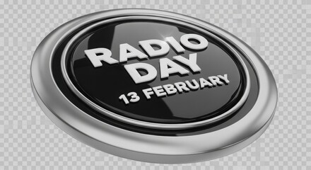 World Radio Day 13 February 3D Badge Render with Glossy Black and Silver Metallic Finish
