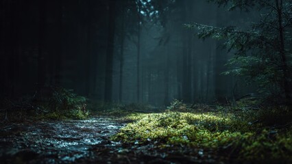 Obraz premium Eerie forest path with mossy ground