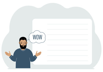 04.02manThe man spread his arms to the sides. Cloud with the text WOW. Shock and surprise. Poster with place for text. Vector flat illustration.