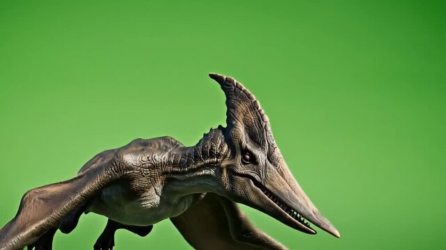 A video of a pterodactyl flying in the air with its wings spread wide against a green background
