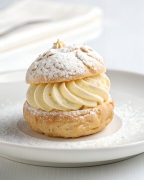 Elegant French choux pastry cream puff filled with vanilla chantilly custard and dusted with powdered sugar on a white ceramic plate, gourmet patisserie dessert for bakery and cafe menu