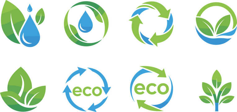 Eco Friendly Logo Collection with Water Drop Leaves and Recycling Arrows Flat Vector Icons Set