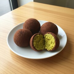 Dubai chewy cookies are served on white plate with yellow green fibrous filling