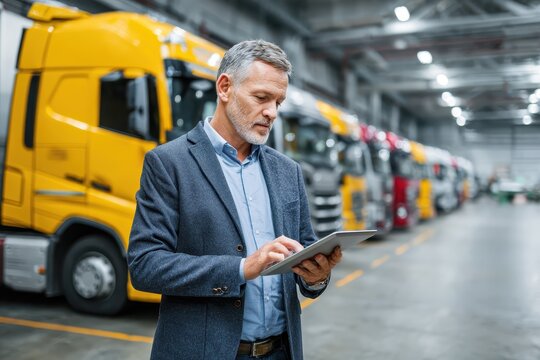 Professional fleet manager using a tablet in a truck yard with multiple trucks parked in the background during daytime operations