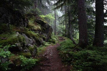 Obraz premium Misty forest trail surrounded by lush greenery and rocky outcrops on a serene day in natures tranquility