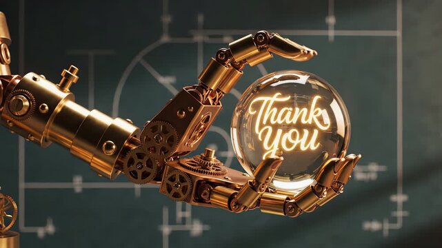 Intricate golden steampunk robot hand holding a glowing "Thank You" message in a crystal sphere against a blueprint background for a technological gratitude concept