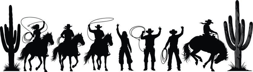 Wild west cowboy and cowgirl silhouettes with horses and cactus, rodeo riders with lasso rope, western desert scene black vector illustration set ©  Creative Crafter