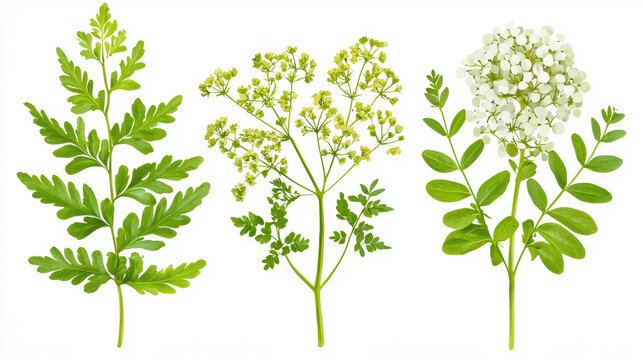 A botanical illustration showcasing three distinct flowe herbs with delicate green leaves and clusters of small white and yellow flowers isolated against white background.