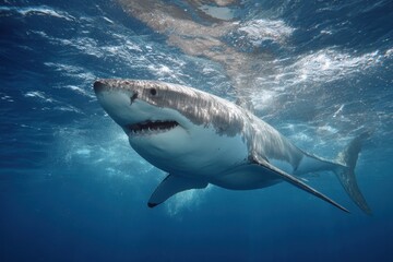 Fototapeta premium Great white shark gliding through clear ocean waters showcasing impressive details of its powerful body and keen senses near a coral reef in the Pacific