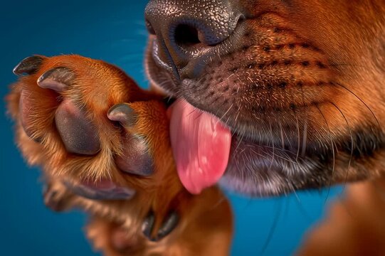 Primer&iacute;simo plano de una patita de perro extendida con la lengua fuera, transmitiendo alegr&iacute;a y despreocupaci&oacute;n.
