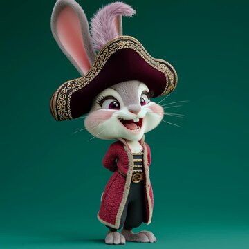 Un conejito con un elegante traje de capit&aacute;n pirata, posando con confianza.