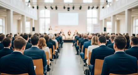 Obraz premium Large audience in a conference hall listening to speakers on stage with a large screen behind them people