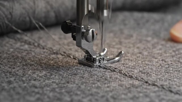 Close-up of sewing machine needle stitching grey fabric with grey thread spool in background