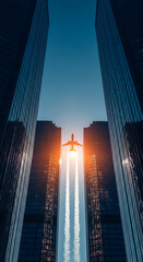 Low-angle shot of airplane with contrails ascending between tall buildings, creating geometric forms, representative of travel, business or modernity