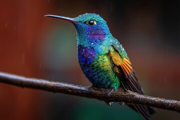 Fototapeta premium Vibrant rainbow hummingbird perched on a branch, showcasing its colorful feathers in a tropical rainforest during a light rain shower