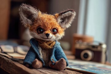 Fototapeta premium Realistic stuffed animal fox dressed in a blue jacket sitting on a wooden table among old photographs and a vintage camera in a cozy indoor setting