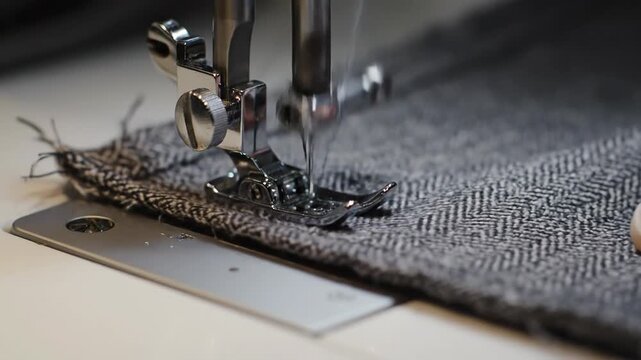 Close-up of sewing machine needle stitching grey fabric with herringbone pattern