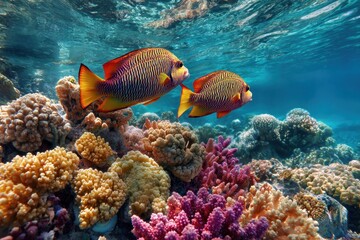 Vibrant tropical fishes swimming among colorful coral reefs in a crystal clear underwater paradise