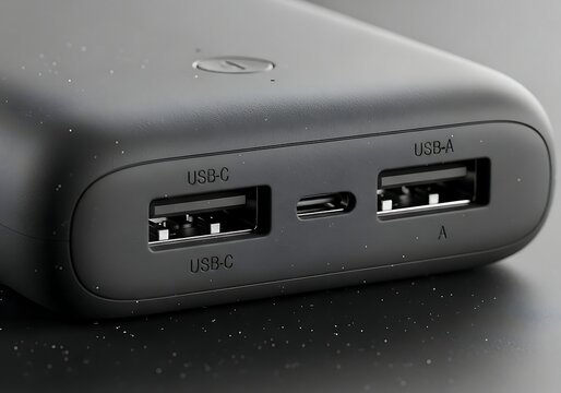 Close-up of a modern portable power bank with multiple USB-C and USB-A charging ports, showcasing universal compatibility for charging various electronic devices