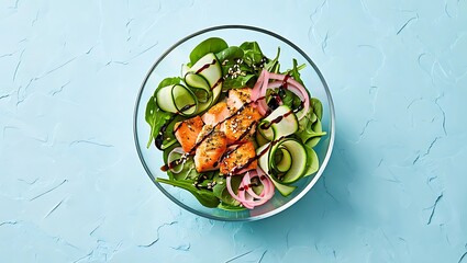 Delicious salmon salad with vegetables in glass bowl on blue surface