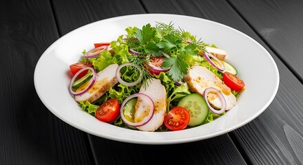 Fresh healthy chicken salad with vegetables on plate