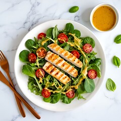 Grilled chicken breast on top of mixed greens salad with tomatoes and dressing