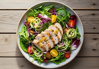 Grilled chicken breast on mixed greens salad with vegetables