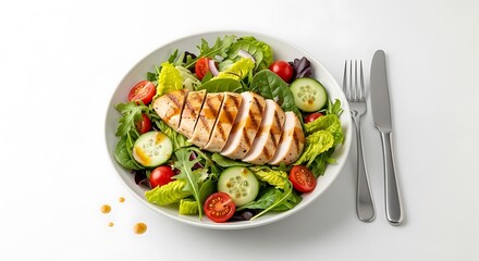 Grilled chicken breast sliced on mixed green salad