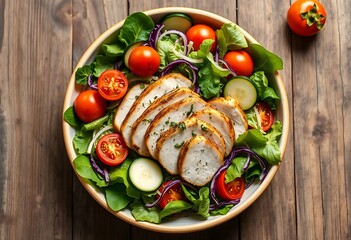 Grilled chicken breast slices on mixed green salad