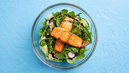 Grilled salmon fillet on mixed green salad