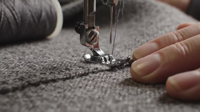 Close-up of sewing machine needle stitching grey fabric, spool of thread in background