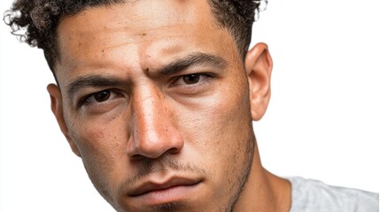 Obraz premium Serious young male expression on caucasian adult with curly hair.
