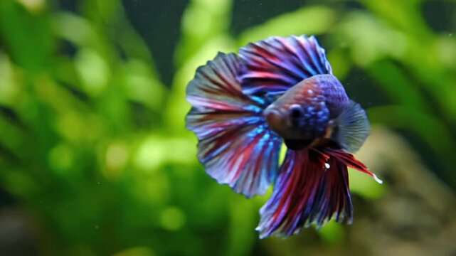 A vividly colored betta fish with elaborate fins swims exhibiting hues of red blue and purple