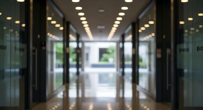 Long hallway with glass doors and ceiling lights leading to an exit reflection