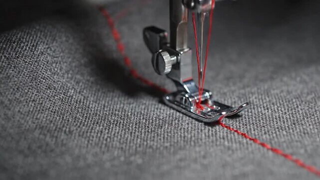Close-up of sewing machine needle stitching red thread on grey fabric, slow motion.