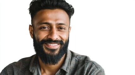 Obraz premium Young adult hispanic male smiling with beard on white background.