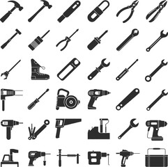 Obraz premium Black silhouette icons of hand tools and power equipment including hammers, wrenches, screwdrivers, and drills for carpentry, home repair, industrial maintenance, and construction, vector