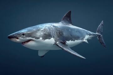 Fototapeta premium View of a white shark gliding through the ocean depths showcasing its streamlined body and powerful fins at midday in clear waters