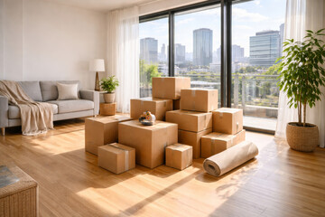 Fototapeta premium Cozy living room filled with moving boxes and bright light