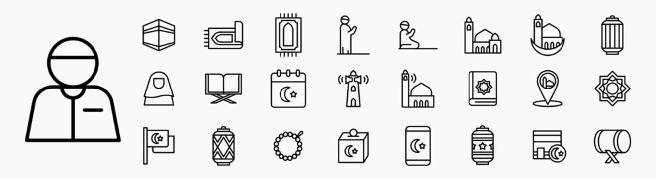 Islamic Ramadan Icon set. Containing kabah, prayer mat, mosque, ramadan lantern, azan, quran, islamic ornament, bedug, prayer beads and more. Icon collection outline black.