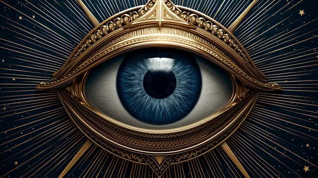 Intricate All-Seeing Eye with ornate gold frame and blue iris, embodying mysticism and ancient wisdom, suitable for esoteric and spiritual concepts.