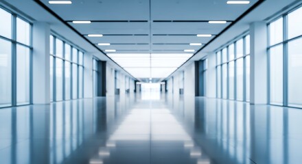 Obraz premium Long empty modern hallway with reflective floor and large windows