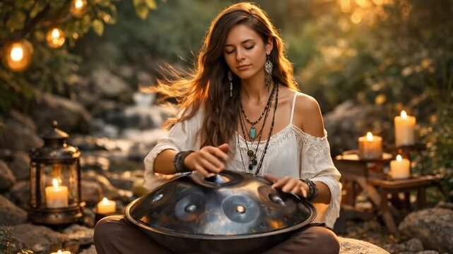 Woman plays handpan in serene outdoor setting, surrounded by glowing candles and soft natural light. Background features a gentle stream, adding to peaceful ambiance, perfect for relaxation/