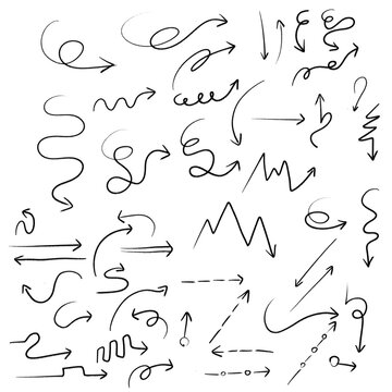 Cole&ccedil;&atilde;o de flechas &agrave; m&atilde;o livre com formas sinuosas, retas e pontilhadas, tra&ccedil;os finos e grossos em preto e cinza, perfeitas para projetos criativos e layouts modernos. Alta nitidez. 